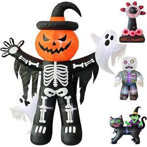 🆕Halloween Black Skeleton Pumpkin with Ghost Giant LED-Light Outdoor Yard Decor